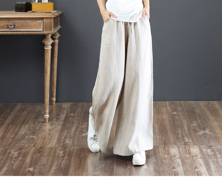 2023 Spring Summer Korean Cotton Loose Plus Size Wide Leg High Waist Floor-Length Straight Linen Women's Pants_voghion.com