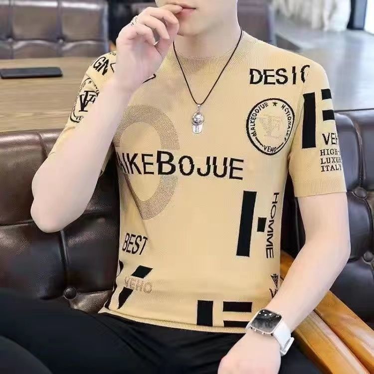 Men's Summer 2023 New Ice Silk Short-sleeved T-shirt Fashionable Brand Fashionable Half-sleeved T-shirt Loose Round Neck Top Clothes for Men_voghion.com