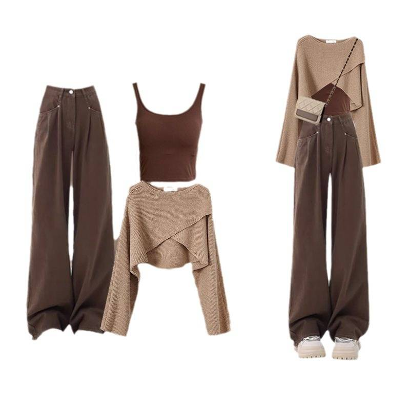 Damenbekleidung Herbst-Outfit ein komplettes Set Lockerer, lässiger Pullover Weste Schlanker Overall Dreiteiliger Anzug_voghion.com