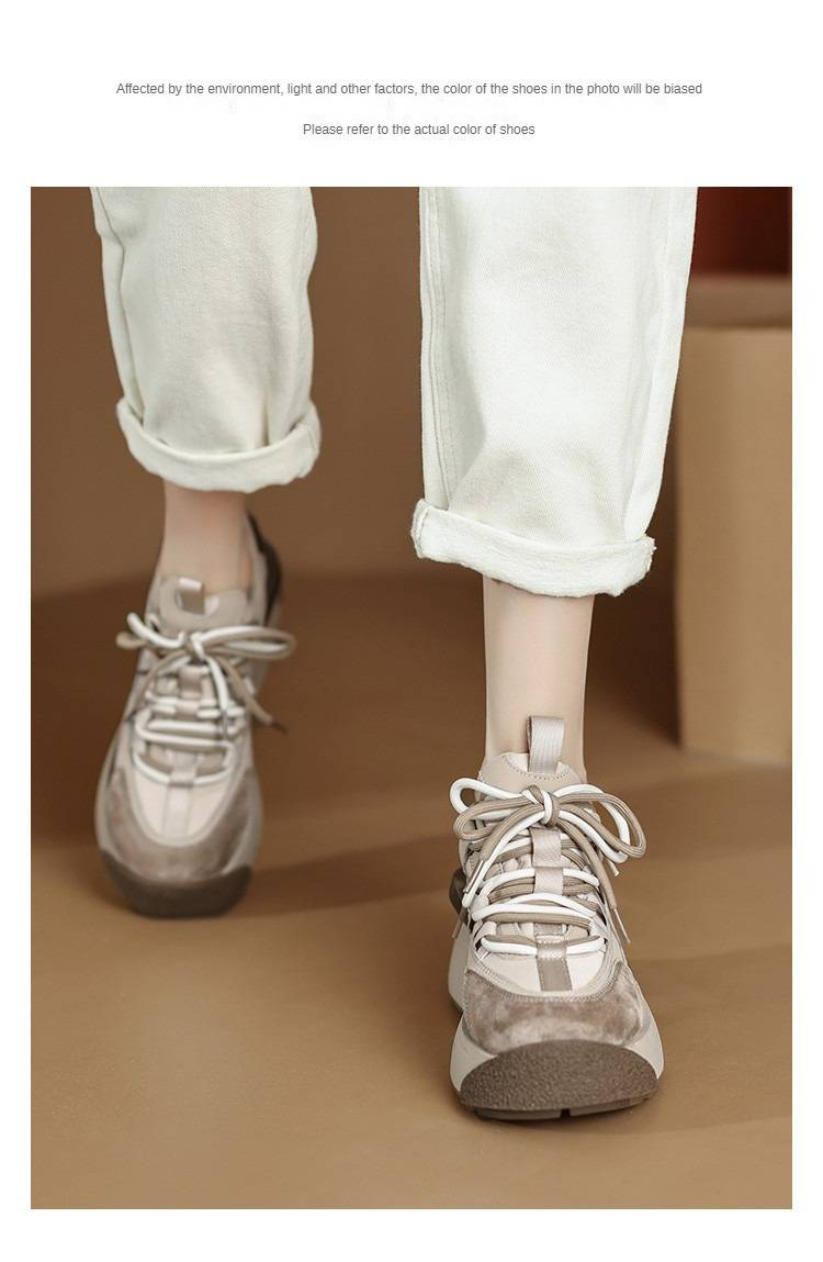 cameido Women's 2024 retro casual dad shoes with thick soles, made of nubuck leather in color-blocking design._voghion.com