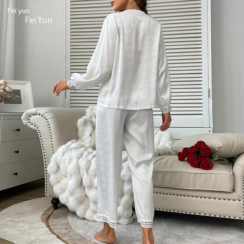 Damen Nachtwäsche Mode Langarm Pyjamas Sexy Hosenanzug Zweiteiliger bequemer Satin Love Jacquard Home Kleidung_voghion.com