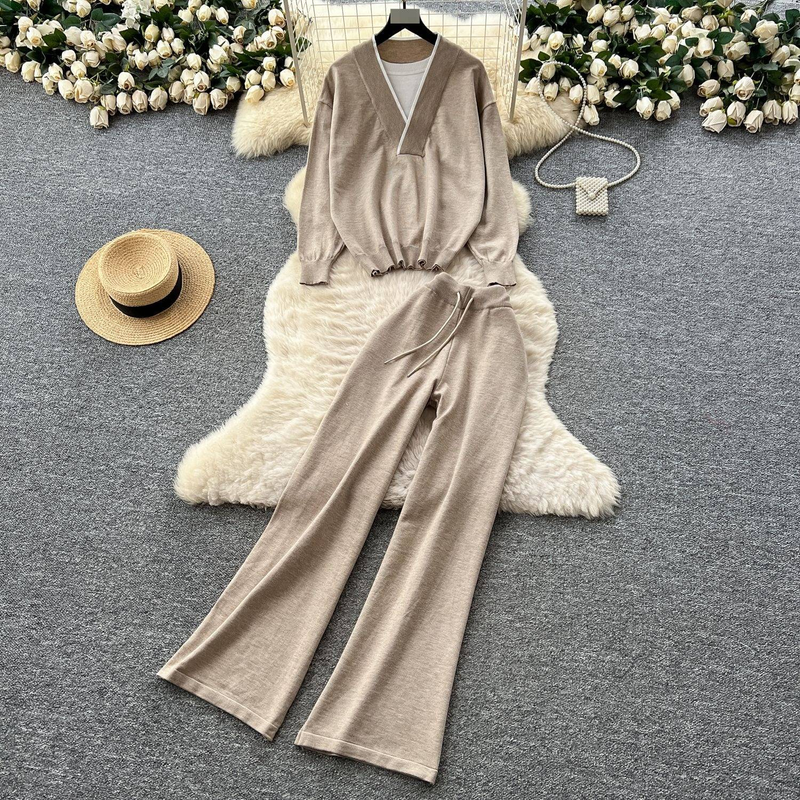 Koreaanse stijl mode casual design splicing nep tweedelige gebreide tops dames herfst tweedelige set hoge taille casual broek_voghion.com
