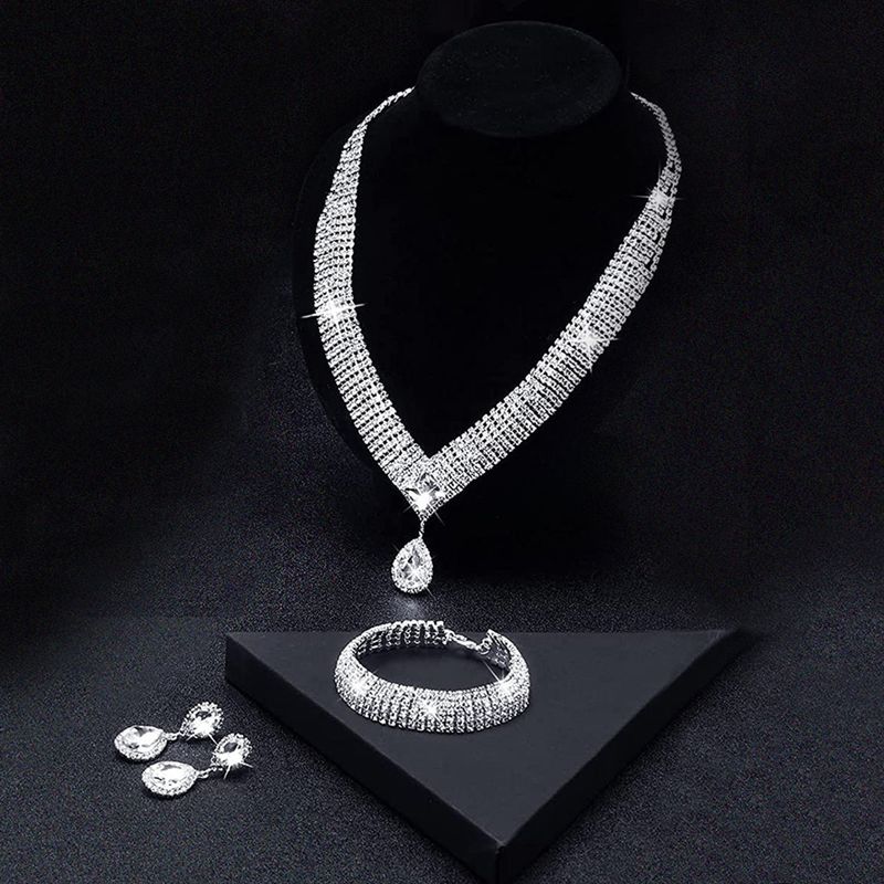 Light Luxury Style Women's Water Drop Pendant Zircon Necklace Earrings Bracelet Bridal Wedding Accessories_voghion.com