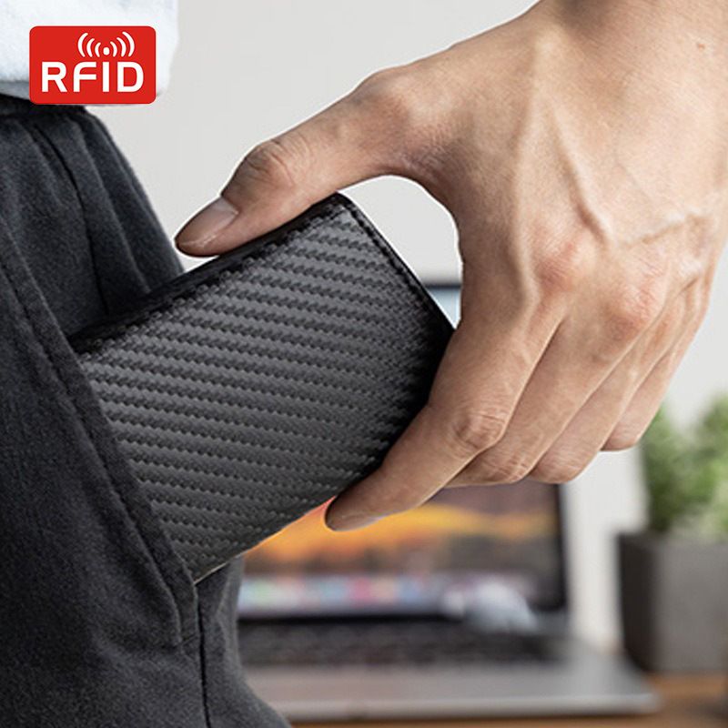 Passhüllen & Geldbörsen RFID Herren-Kartenhalter Kartenhalter Reißverschluss Einfache Bremse Aluminiumlegierung Pop-Up-Geldbörse aus Kohlefaser Diebstahlschutzbürste_voghion.com