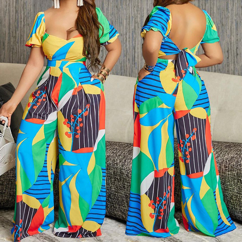 women's fashion temperament printed short-sleeved lace-up backless jumpsuit_voghion.com