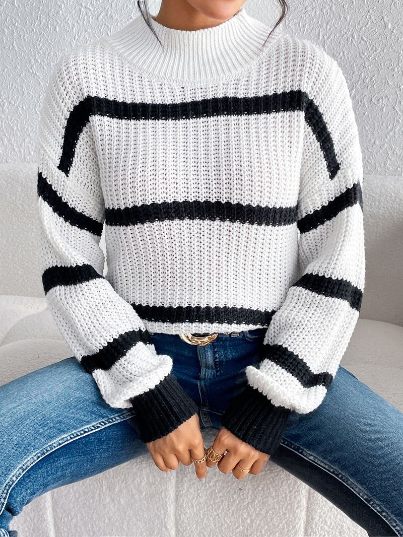 Damenmode Ins Style Schlichter einfarbiger Pullover mit Rollkragen und Streifen_voghion.com