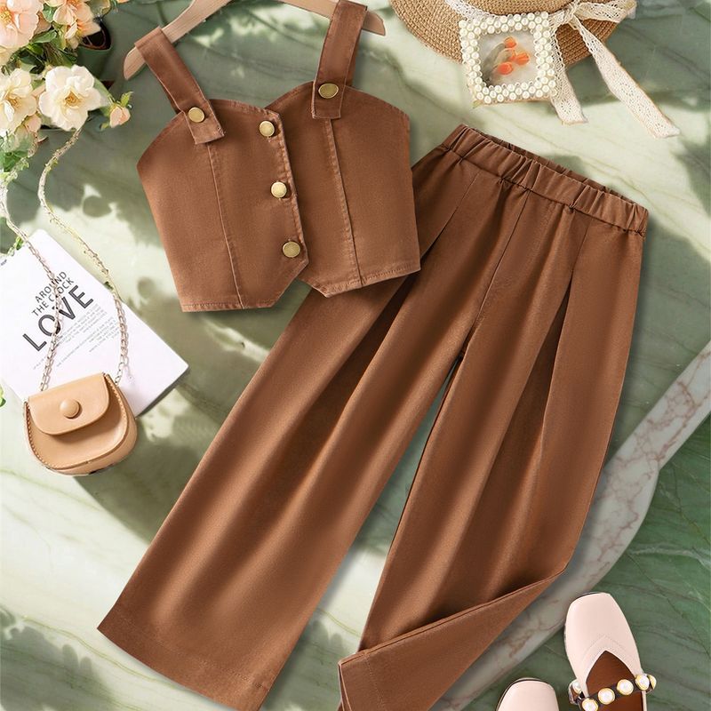 Traje de trabajo para madres e hijos, para niñas, color liso, con tirantes y botonadura sencilla, de mezclilla, talla pequeña y mediana, de dos piezas._voghion.com