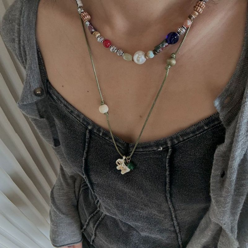 Elephant Pendant Necklace Female Hand-woven Colored Natural Stone Neck Chain Light Luxury Niche New Chinese Beaded Sweater Chain_voghion.com