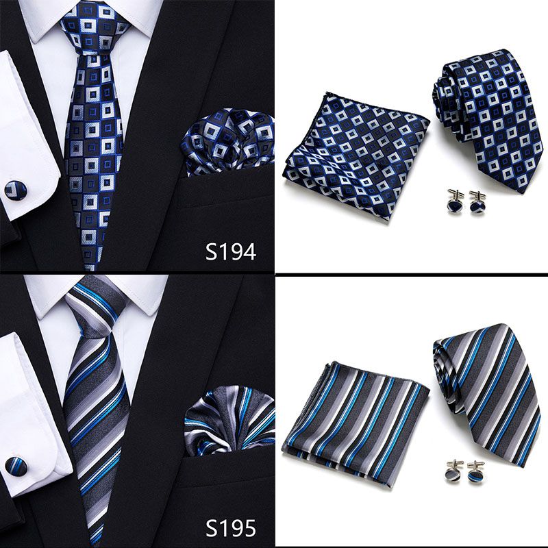 Jacquard Nuovo Design Festivo Regalo Cravatta Fazzoletto Gemelli Set Cravatta Uomo Plaid Camicia Gialla Accessori_voghion.com