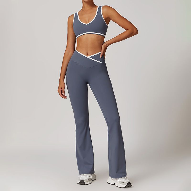 LazyZoom Cross High Waist Sports Set Women, Color Block Bare Back Tight Tank Top For Running, Fitness, Yoga 8843_voghion.com