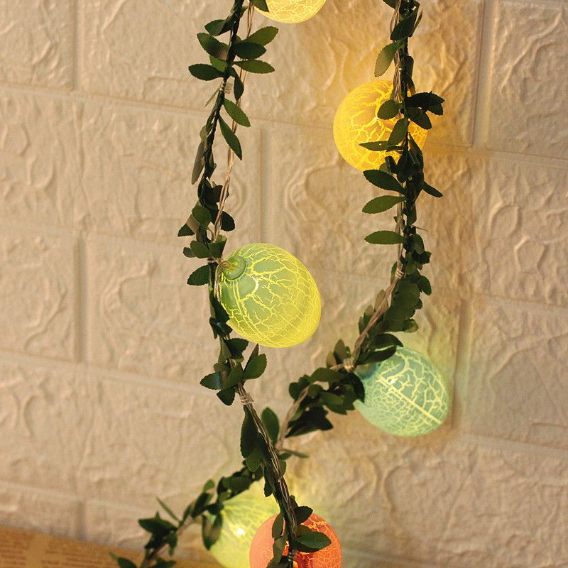 Guirnalda de luces LED con forma de huevo de Pascua, hojas verdes, con forma de huevo agrietado, luces intermitentes, decoración navideña de ratán verde._voghion.com