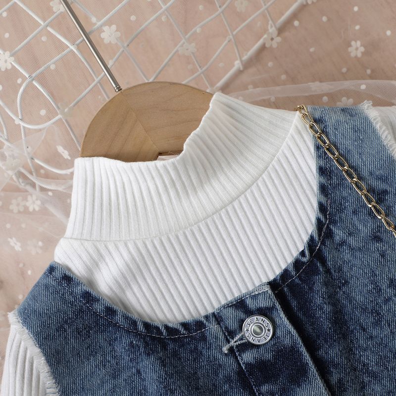 Otroška oblačila za mame in otroke, deklice, enobarvna majica z visokim ovratnikom in dolgimi rokavi, jeans, odprt žep, naguban krznen brada, srednje dolga krila_voghion.com