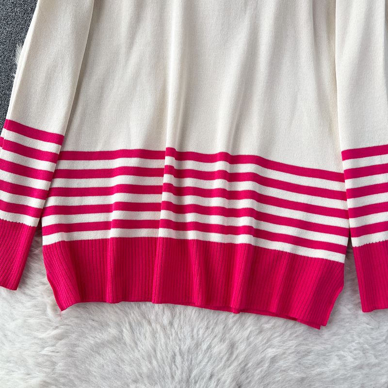 Damenbekleidung im Lazy Style, lockere, kontrastfarbene, gestreifte, langärmelige Strickoberteile für Damen, drapierte Hose mit hoher Taille, lässiger zweiteiliger Anzug für Damen_voghion.com