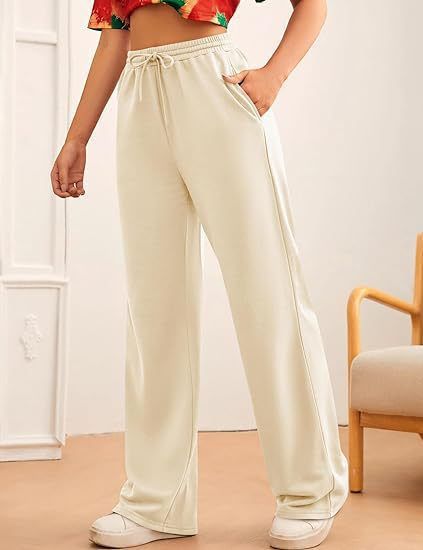 Pantaloni da jogging casual da donna, a vita alta, a gamba larga, con coulisse elastica, comodi pantaloni da salotto per l'uso quotidiano_voghion.com