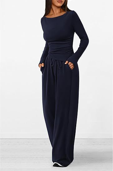 Trendy Asymmetrical Long Sleeve T-Shirt & Wide-Leg Pants Set - Fall Casual Outfit, Comfortable Polyester Blend, Multiple Colors & Sizes_voghion.com