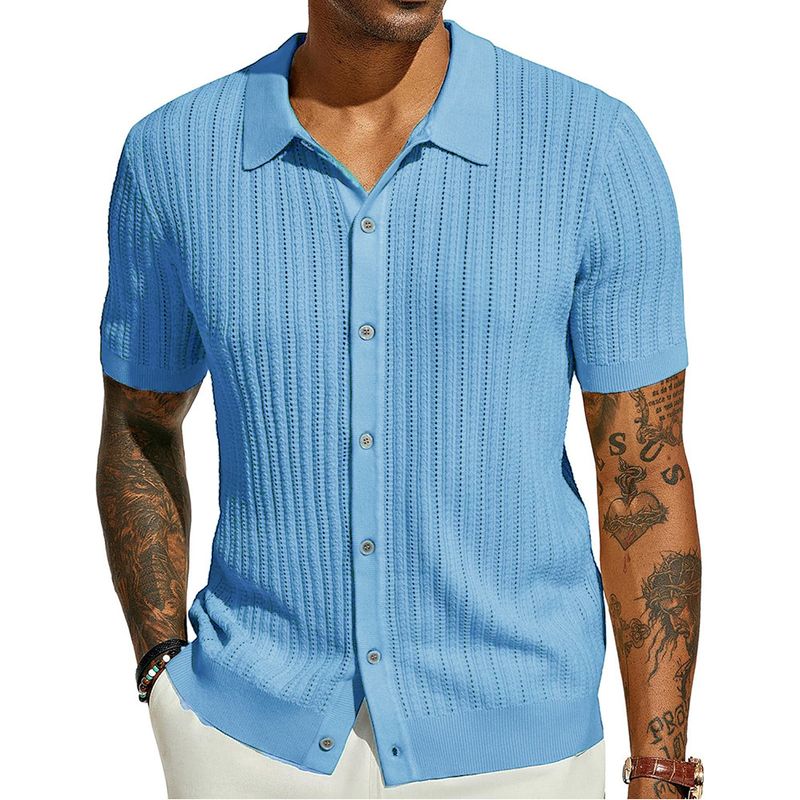 Maglietta casual estiva da uomo, a maniche corte, con risvolto, tinta unita, traspirante, in maglia._voghion.com