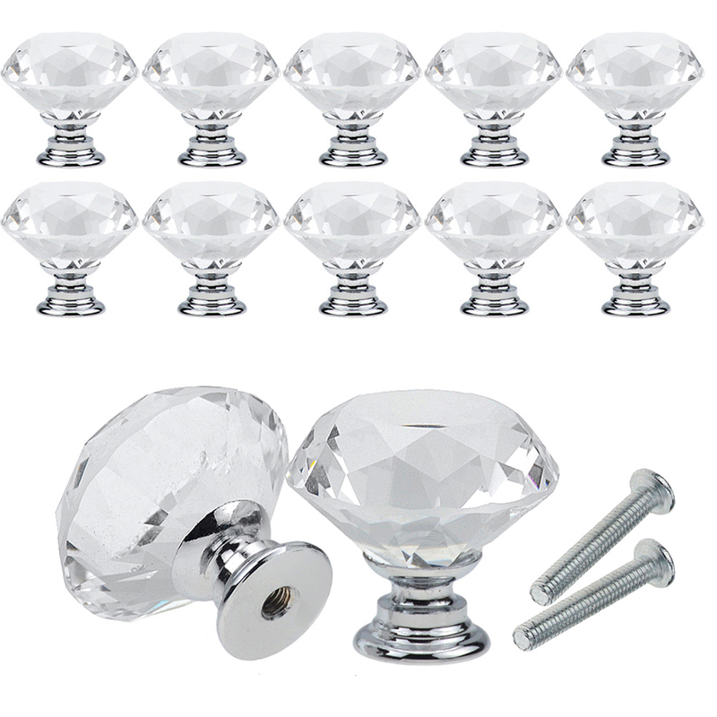 1/10pcs 20-40mm Gold Silver Base Diamond Shape Crystal Glass Knobs Clear Cupboard Pulls Drawer Knobs Kitchen Cabinet Handles_voghion.com