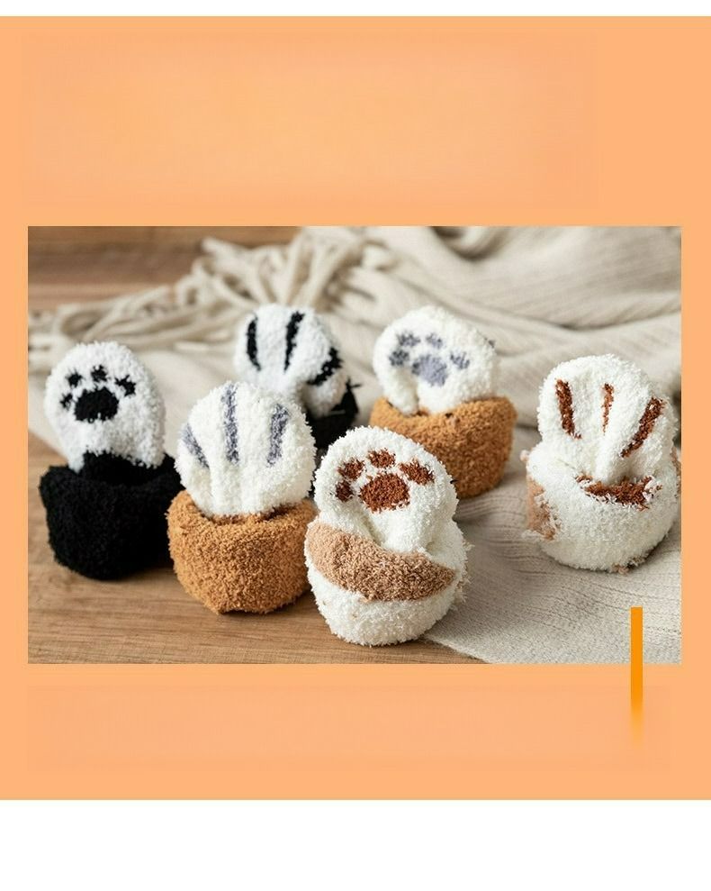 5 paia di calzini in pile corallo da donna, calzini termici in pile spesso per autunno e inverno, calzini tubolari medi, simpatici calzini da casa a forma di zampa di gatto, calzini da pavimento_voghion.com