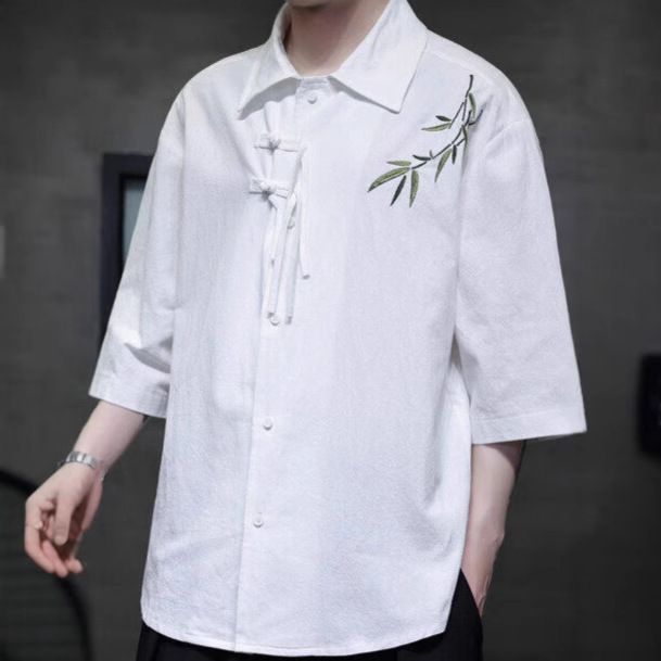 2025 Zomer Dunne Tang Kleding Hanfu Nieuwe Chinese Stijl Knopen Borduurwerk Top Losse IJs Zijden Korte Mouwen Shirt Voor Mannen_voghion.com