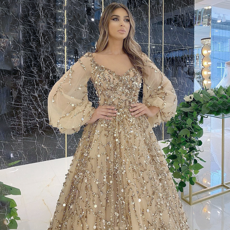 Women's Clothing gold heavy beaded luxury evening dress sexy celebrity aura queen long dress DQ7109_voghion.com