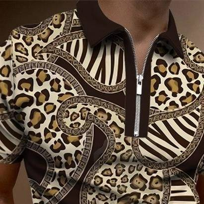 Men's Clothing 3D printed zipper polo shirt 3D digital printing short sleeve loose quick-drying lapel leopard print_voghion.com