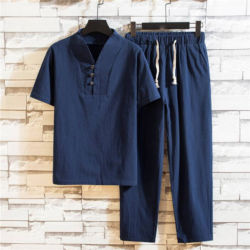 Männerkleeder Summer Léngen Kostüm Kotteng a Léngen locker Casual Kuerzärmlech T-Shirt Néng-Punkt-Hosen Zweedeel Kostüm_voghion.com