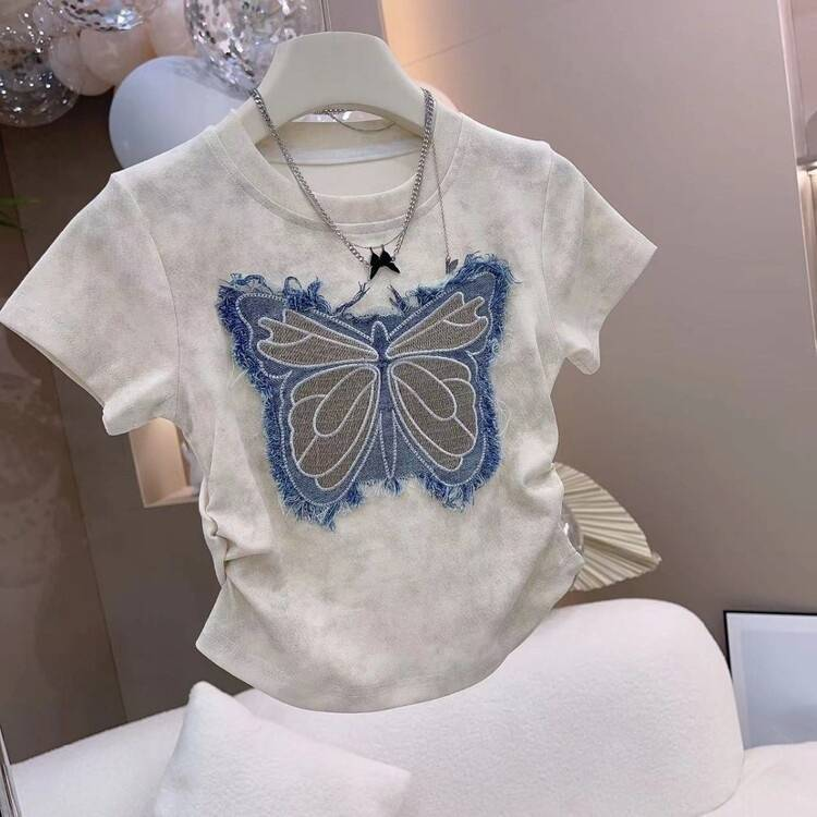 Kleinkind Mädchen Kleidung Mädchen Schmetterling Kurzarm Jeans Shorts Anzug Neue Mode Sommer Schmetterling Kurzarm Jeansrock_voghion.com