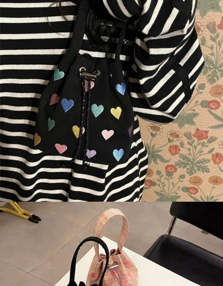 Sac seau pour femme brodé Love Draw avec fourre-tout rose à bandoulière, mini sac seau pour femme_voghion.com