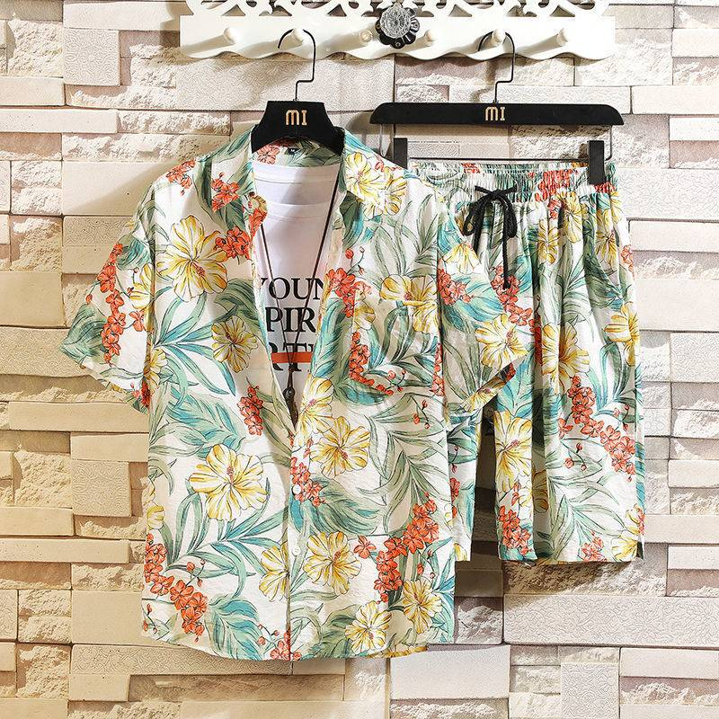 Ensemble de plage décontracté pour homme en été, tenue de plage fine, ample et tendance, short hawaïen et chemise fleurie, deux pièces_voghion.com