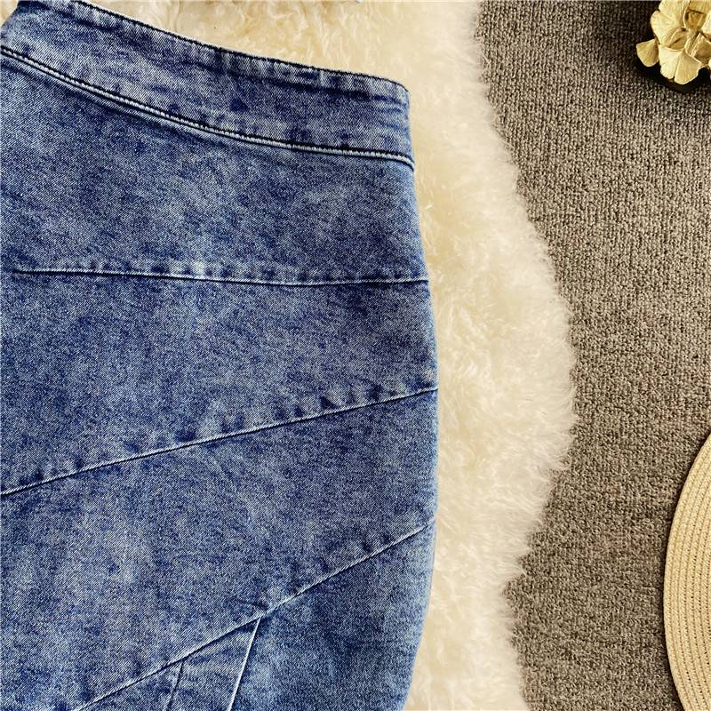 Roupas femininas novas Slim Fit zíper curto Denim camisola duas peças terno irregular fenda quadril saia_voghion.com