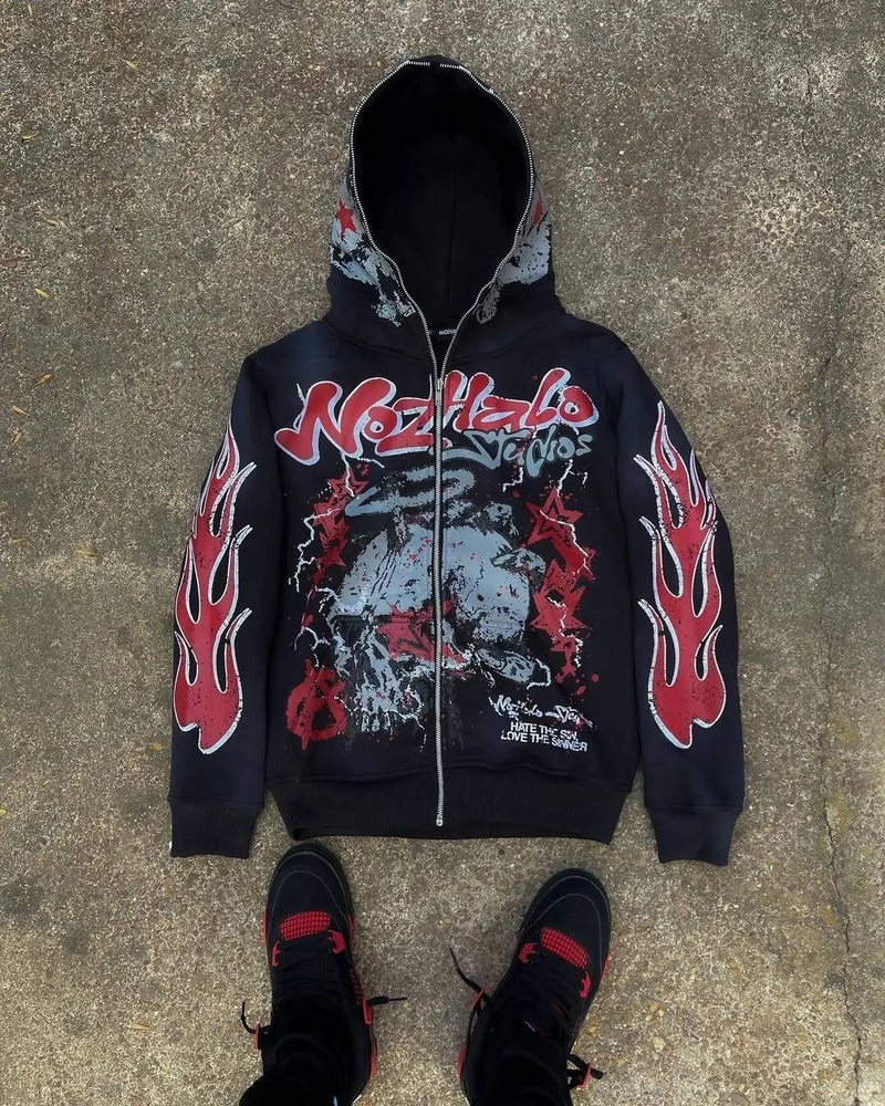 Y2k Retro Streetwear Hoodie With 3d Cartoon Print, Zip-up Oversized Pullover For Hip-hop & Dark Aesthetic Fashion_voghion.com