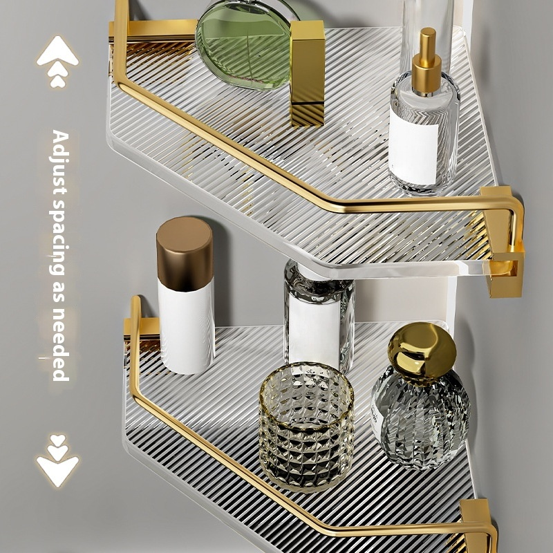 Premium Acrylic Diamond Bathroom Shelf – No-Drill Wall-Mounted Triangle Organizer With Gold/Glossy Finish For Shower & Toilet Storage_voghion.com