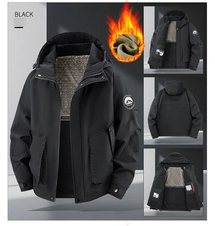 Men's Winter Work Jacket With Detachable Hood - Heavy Duty Cotton-Polyester Blend, Outdoor Casual Coat In Black, Brick Red, Khaki (Sizes M-8xl)_voghion.com