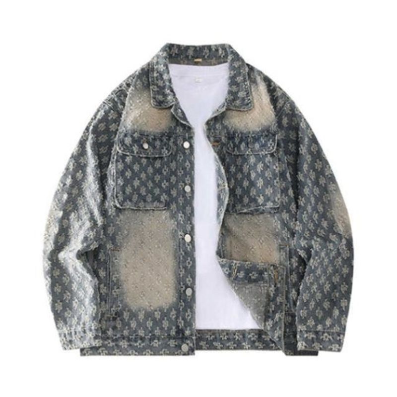 Giacca da uomo in denim casual con risvolto, stile cowboy, stile retrò, stile 2026, in jacquard, monopetto, a maniche lunghe_voghion.com