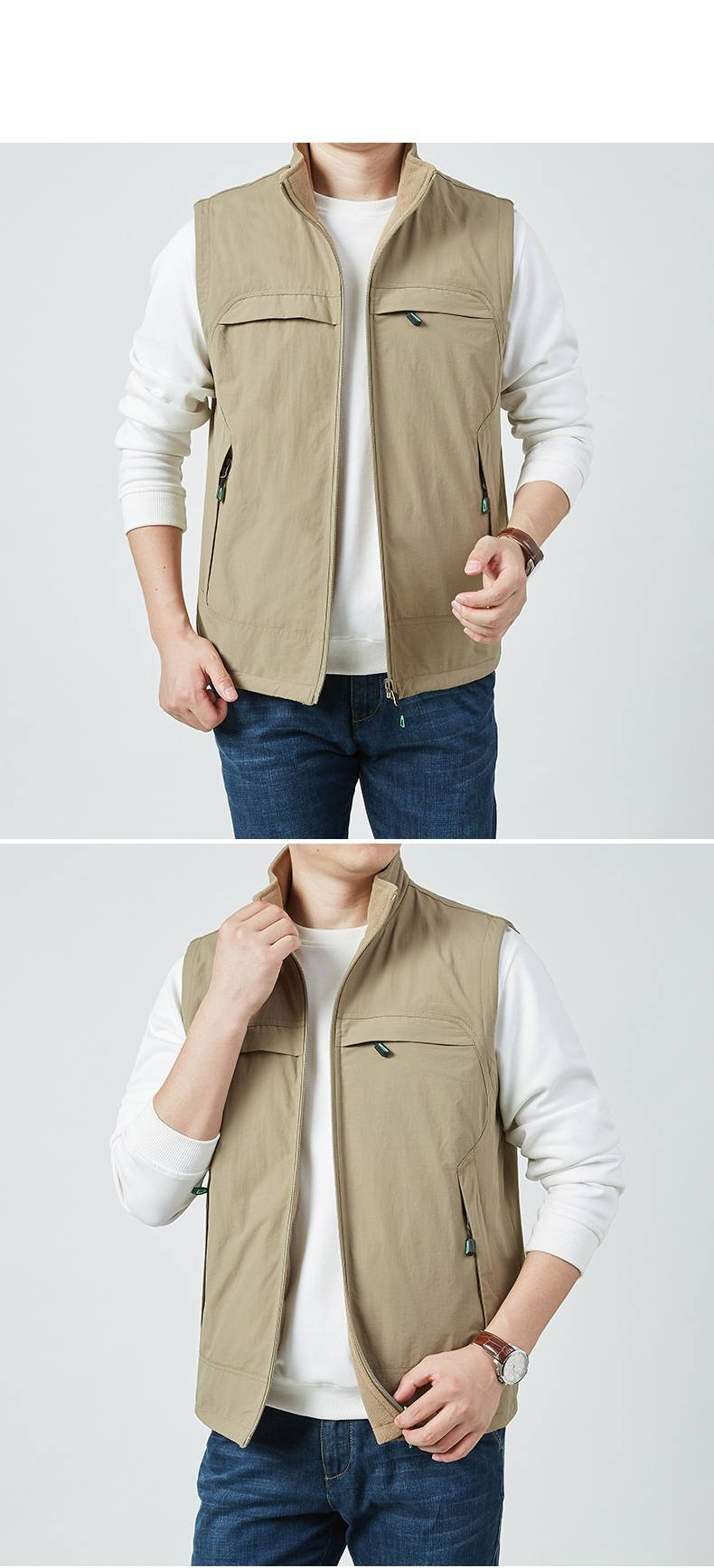 Colete masculino reversível de lã com gola alta, jaqueta de trabalho com vários bolsos para o outono, agasalho casual em cáqui e azul marinho._voghion.com