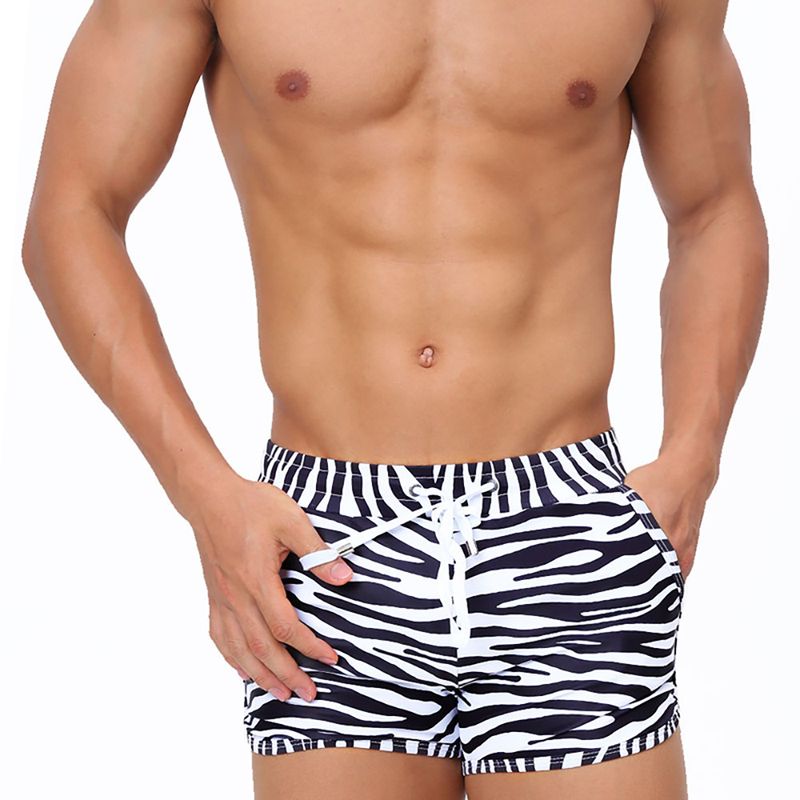 UXH Men's Zebra Stripe Sports Boxer Swim Trunks With Double Side Pockets, Quick-Dry Beach Shorts_voghion.com