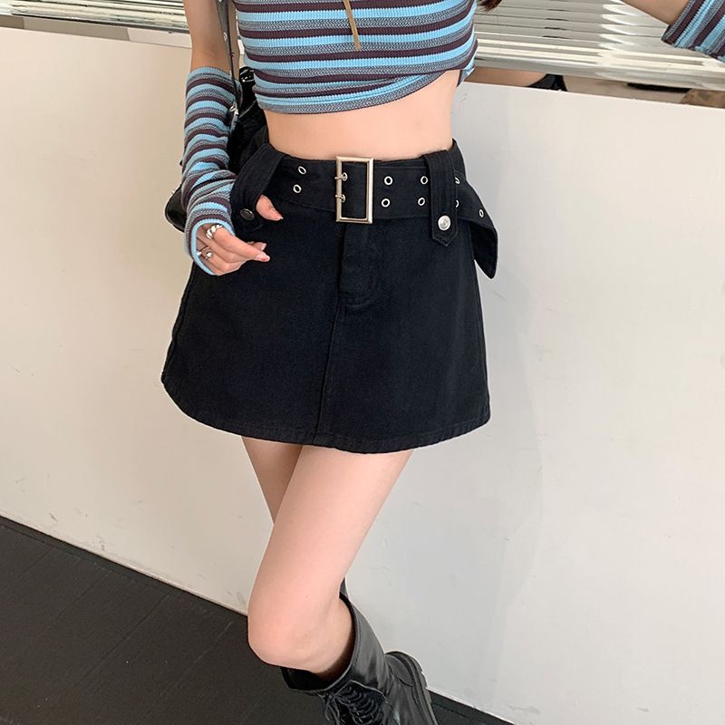 Spicy Girl Instagram Halbkörper-Denim im amerikanischen Stil für Damen, schwarzes modisches Blendschutz-Design, A-Linien-Wickel-Gesäß_voghion.com