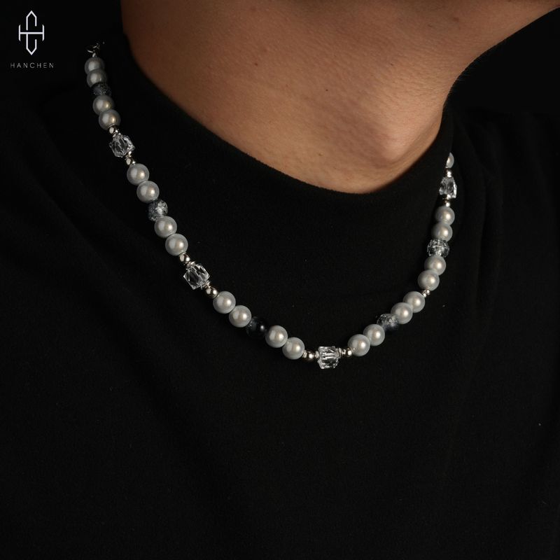 Colier de perle splicing pentru bărbați, oțel titan 2024, accesorii noi Ins Trendy Hip-hop, lanț versatil pentru pulover, femei_voghion.com