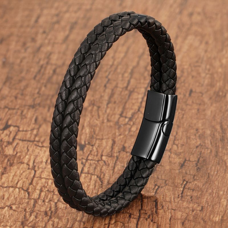 Bracelet en cuir tressé en acier inoxydable pour homme et femme – Bracelet minimaliste double couche pour un style décontracté et simple_voghion.com