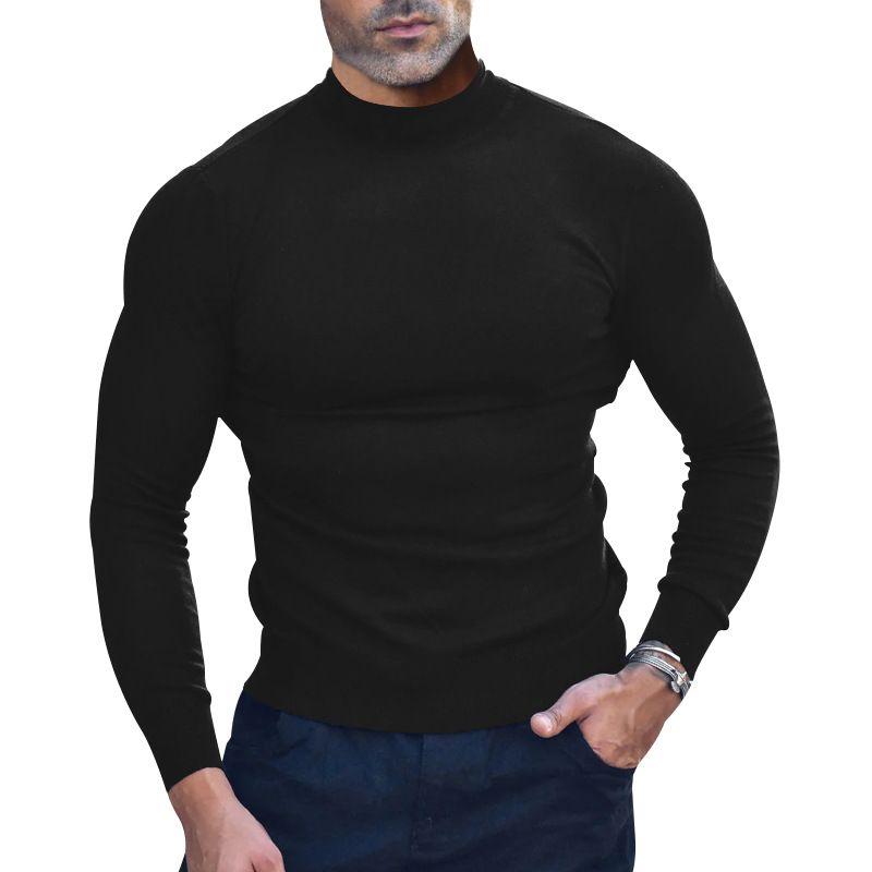Herbst Winter Thermo Einfarbig Langarm T-Shirt Basishemd Eng Anliegender Halbhoher Kragen Herrenstil_voghion.com