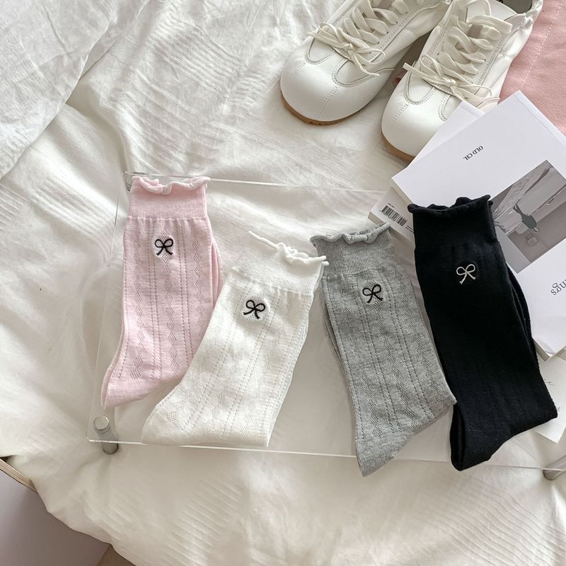 Calzini da donna con pizzo dolce – Ricamo a fiocco e design a rete a rombi – Morbido cotone e vestibilità traspirante – Stile casual e femminile_voghion.com