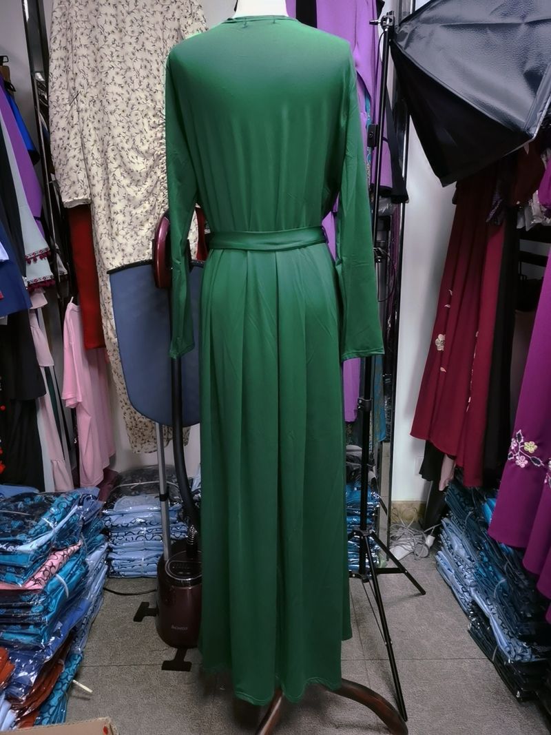 Christmas Thanksgiving Halloween Valentine's Day New Abaya Dress V-neck Lace Up Pleated Floor Length Skirt_voghion.com