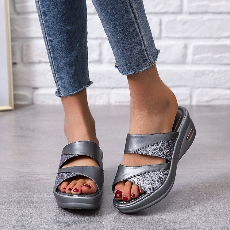 Large Size Wedge Sandals For Women's Summer New Style, Sequined Fish Mouth, Thick Sole, Outer Slippers_voghion.com