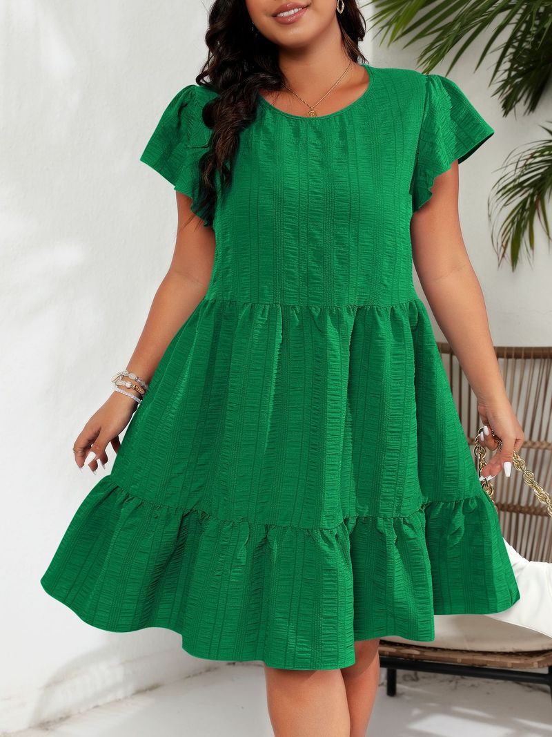 Women's Clothing Large Size Round Neck Lotus Leaf Sleeve Waist Holiday Leisure Temperament Dress_voghion.com