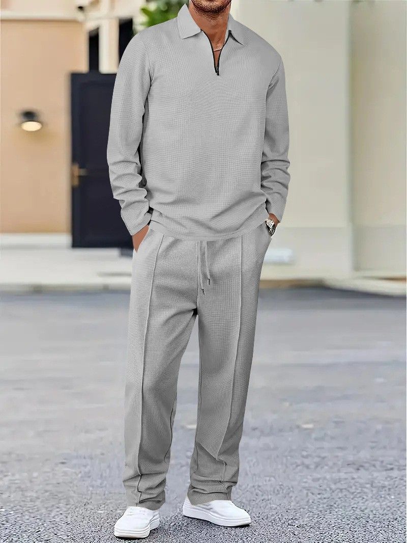 Men's Clothing Spring And Autumn Solid Color Waffle Lapel Zipper Long Sleeved Trousers Casual Suit_voghion.com