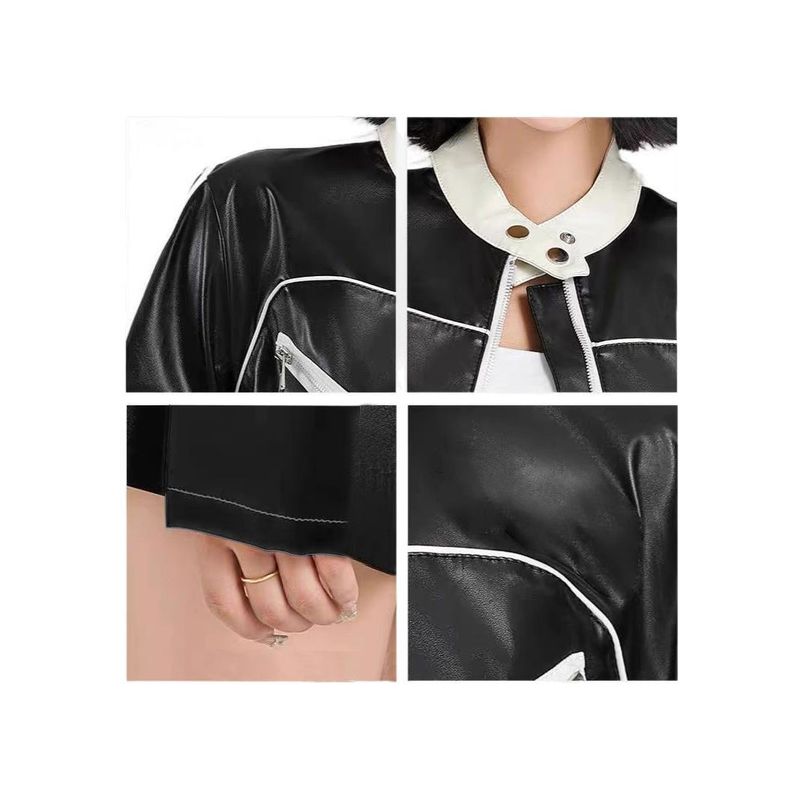 Giacca da motociclista in stile americano color-block da donna, giacca in pelle patchwork da football per bambini, giacca invernale alla moda da donna_voghion.com
