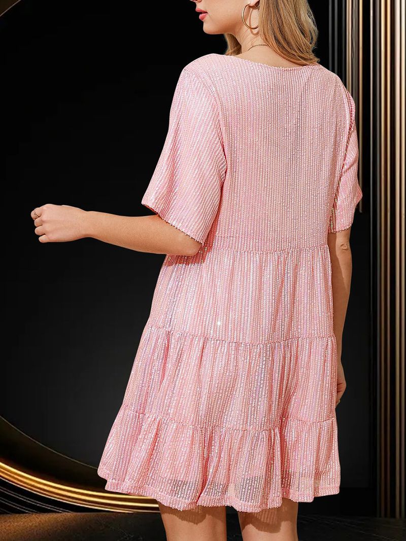 Nuovo abito alla moda con scollo rotondo, vita ampia, maniche corte e gonna con paillettes_voghion.com