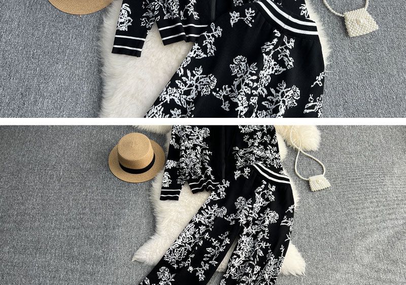 Sweat-shirt tricoté à capuche et fermeture éclair en jacquard pour femmes, ensemble deux pièces, taille haute, pantalon à jambes larges_voghion.com