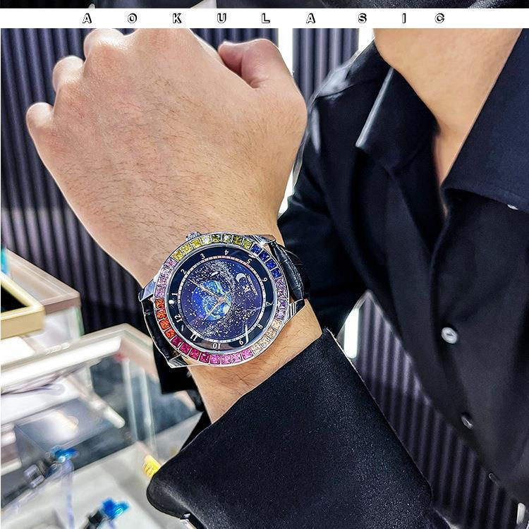 Brangakmenių inkrustuotas „Rotating Star“ automatinis mechaninis laikrodis su odiniu dirželiu, šventinė dovana_voghion.com