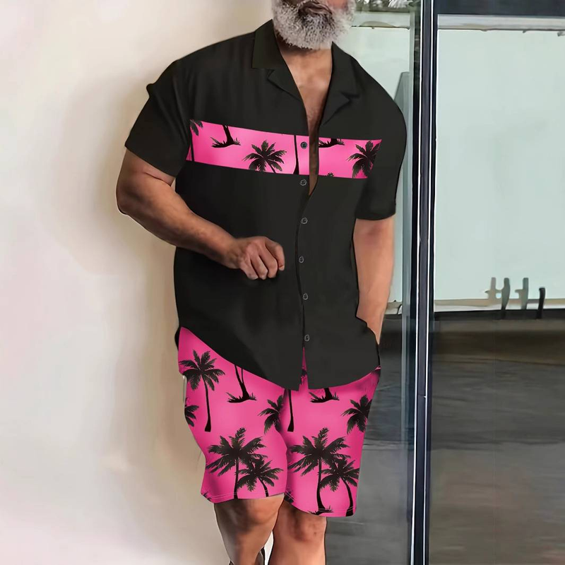 Sommerliches, lässiges Strandurlaubs-Set für Herren mit bedruckten Hemden, kurzen Ärmeln und Shorts im Strandstil_voghion.com